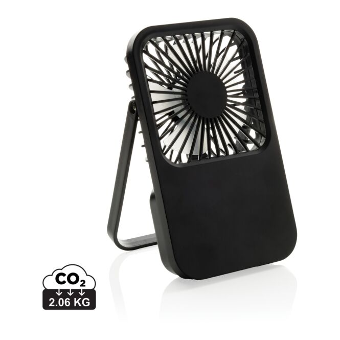 Werbeartikel Aervina Tischventilator mit Logodruck – Schwarz – wiederaufladbarer Ventilator mit 3 Geschwindigkeitsstufen für Büro und Business