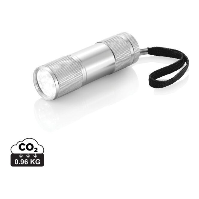 Werbeartikel Taschenlampe Quattro – silber – mit Werbedruck 9 weiße LED inklusive Batterien heller Lichtspender für Messen