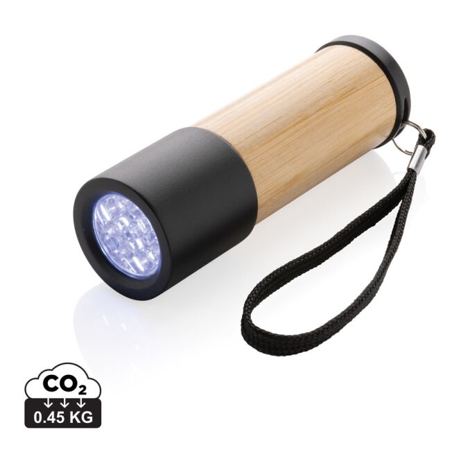 Werbeartikel Taschenlampe mit Gravur aus Bambus und recyceltem Kunststoff – Braun – nachhaltige LED-Leuchte für Firmen und Kunden