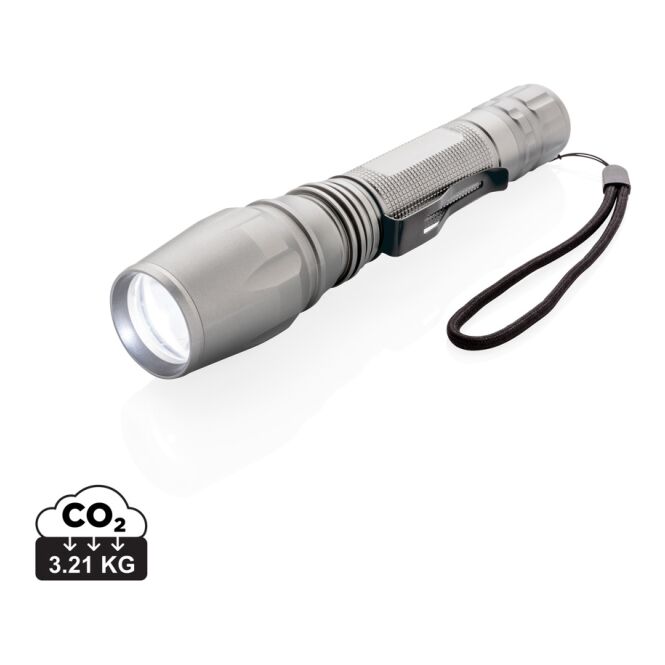 Werbeartikel 10W Cree Taschenlampe mit Gravur – Grau-Schwarz – robuste LED-Leuchte für Industrie und Handwerk