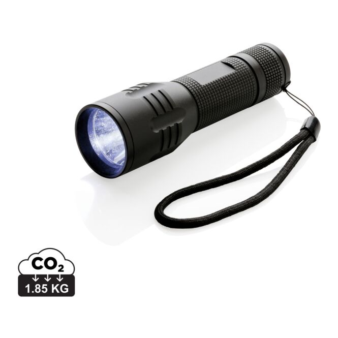 Werbeartikel 3W Cree Taschenlampe aus Aluminium mit Gravur – Schwarz – leistungsstarke LED Leuchte für Firmen