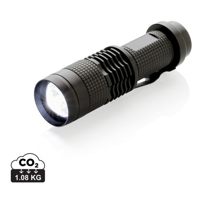 Werbeartikel 3W Cree Taschenlampe aus Aluminium mit Gravur – Schwarz – leistungsstarke LED Leuchte für Firmen
