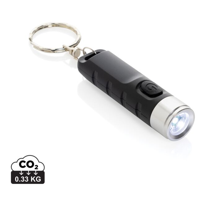 Werbeartikel Globix USB Schlüsselanhänger-Taschenlampe mit Logodruck – Schwarz – wiederaufladbare LED-Leuchte für Unternehmen
