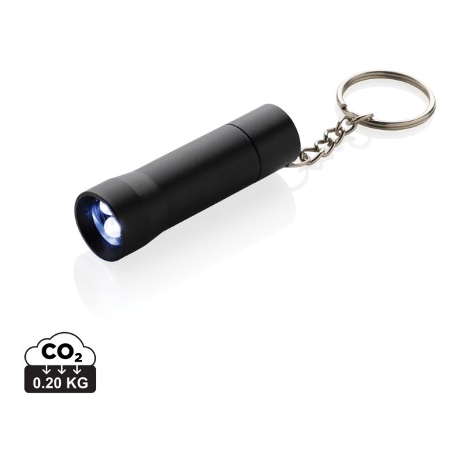 Werbeartikel Flash Schlüsselanhänger-Taschenlampe mit Lasergravur – aus recyceltem Aluminium – Schwarz – nützliches Give-away für Firmen