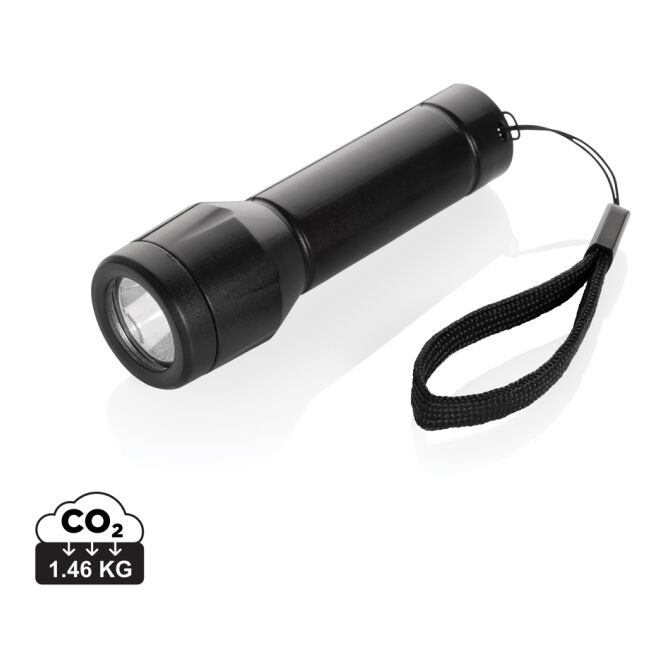 Werbeartikel Taschenlampe Flara mit Logodruck – Schwarz – wiederaufladbare Leuchte aus recyceltem ABS für Firmenevents und Büroausstattung