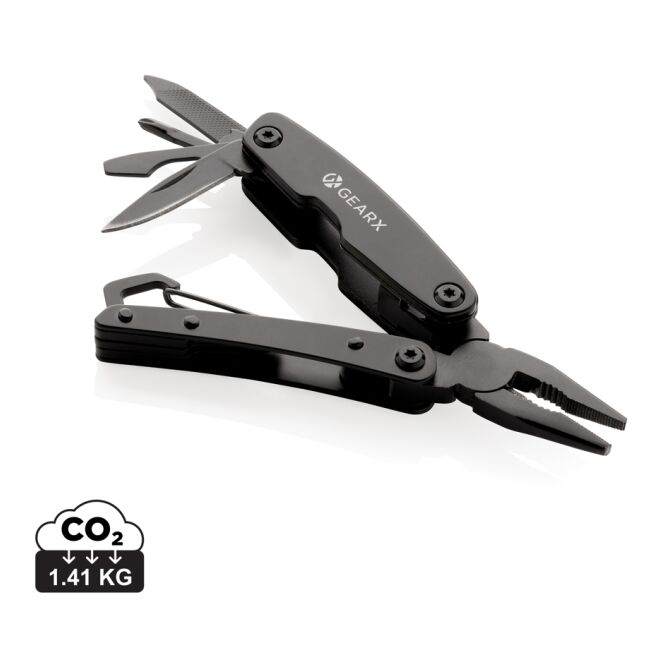 Werbeartikel Gear X Mini Multitool mit Gravur – Schwarz – kompaktes Werkzeugset aus Edelstahl für Messen und Büro