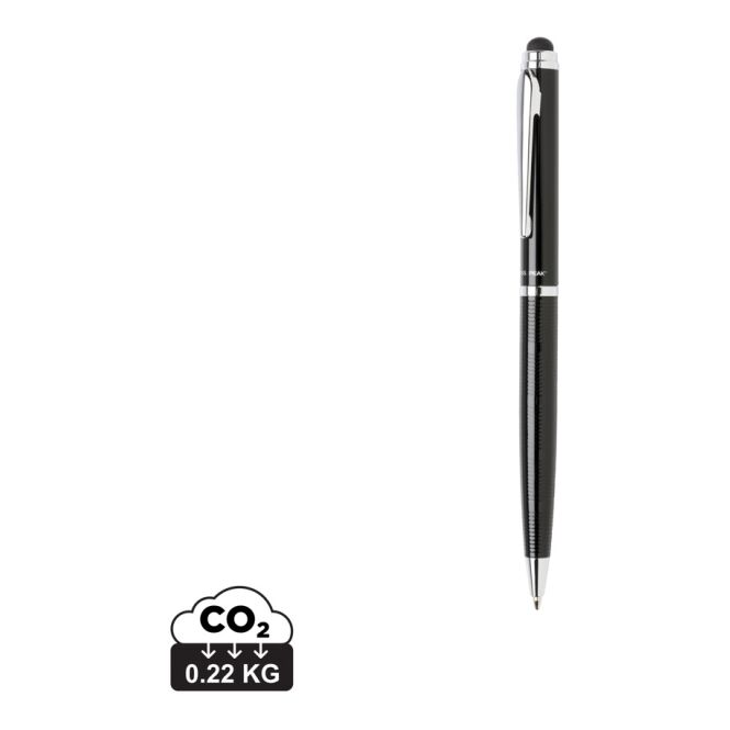 Kundengeschenk Swiss Peak Deluxe Stylus – schwarz-silber – mit Gravur blau schreibend als Druckkugelschreiber für den Büroalltag