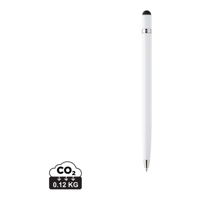 Kundengeschenk Metall-Touchpen weiß – mit Gravur blau schreibend mit Touchpad-Spitze für Smartphones für den Büroalltag