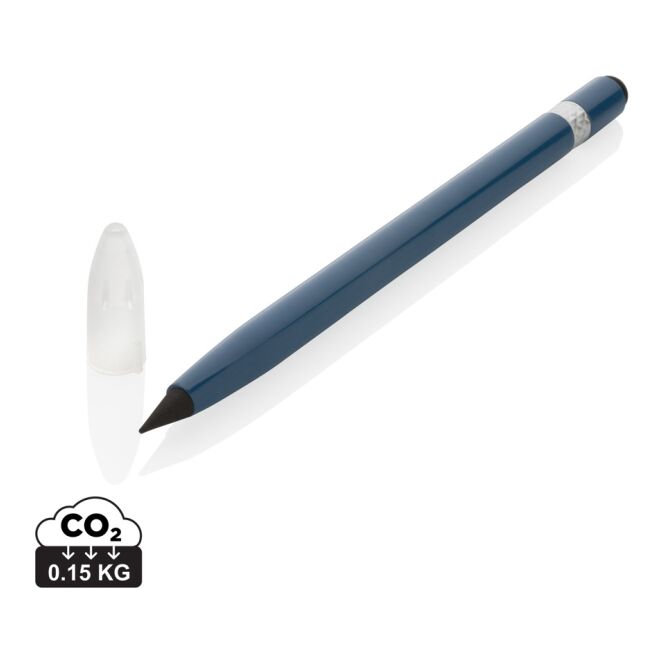 Werbeartikel tintenloser Stift Aluminium – blau – mit Logo bedruckt mit Radiergummi für den Büroalltag