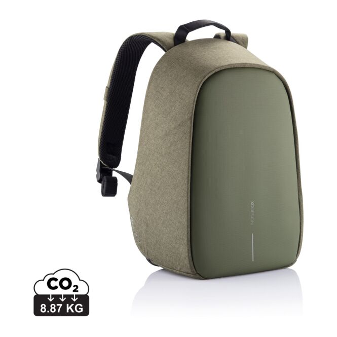Mitarbeitergeschenk Rucksack Bobby Hero Small – grün-schwarz – mit Logodruck, nachhaltiger Backpack aus rPET für 13,3 Zoll Laptop, sicher