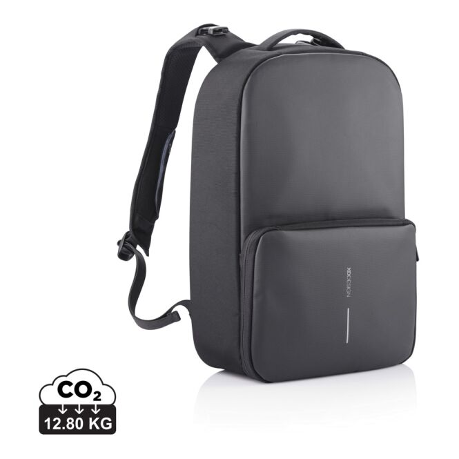 Mitarbeitergeschenk Flex Gym Bag mit Logodruck – schwarz-navy blau – nachhaltiger rPET Rucksack und Sporttasche für Business und Büro