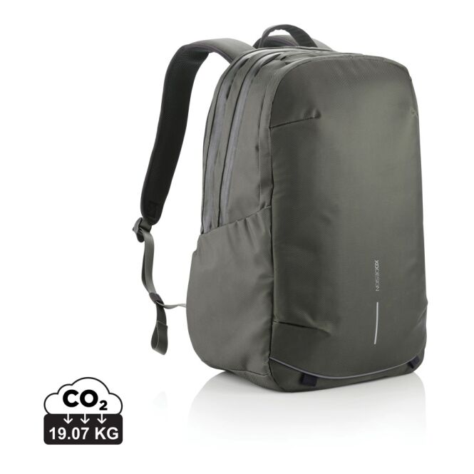 Mitarbeitergeschenk Rucksack Bobby Explore – grün-schwarz – mit Logo bedruckt, nachhaltiger Backpack mit Laptopfach für das Onboarding