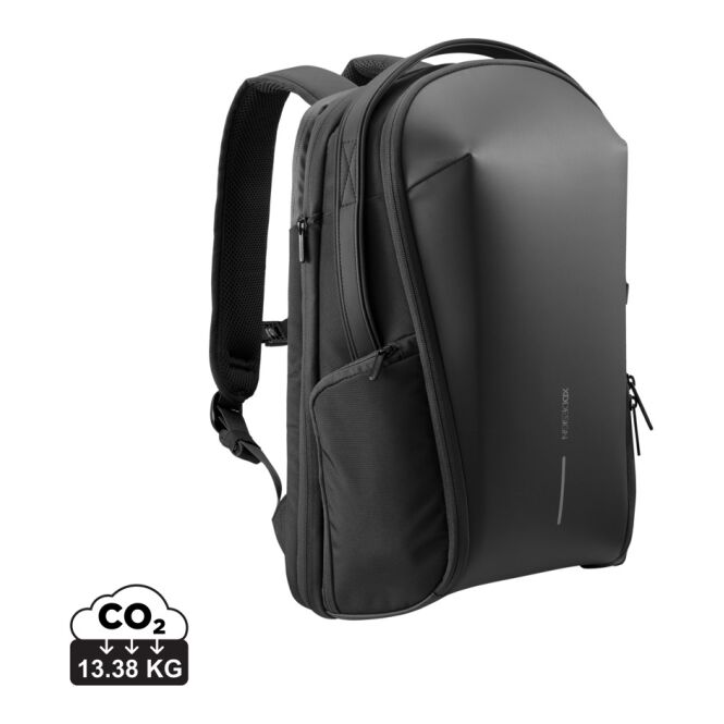 Mitarbeitergeschenk Rucksack Bizz – schwarz-grau – mit Logodruck für 16 Zoll Laptop, nachhaltiger Backpack für das Mitarbeiter-Onboarding