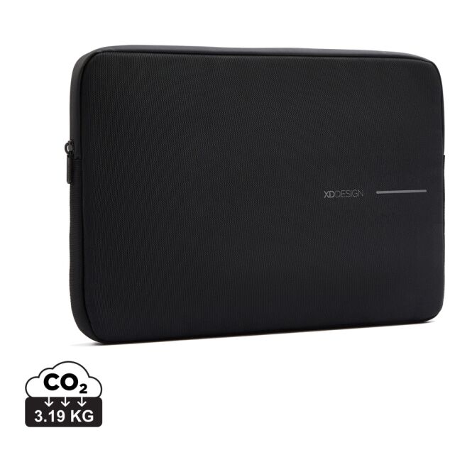 Firmengeschenk 16 Zoll Laptop Sleeve mit Logodruck – Schwarz-Grau – nachhaltige Laptoptasche aus recyceltem Material für das Büro