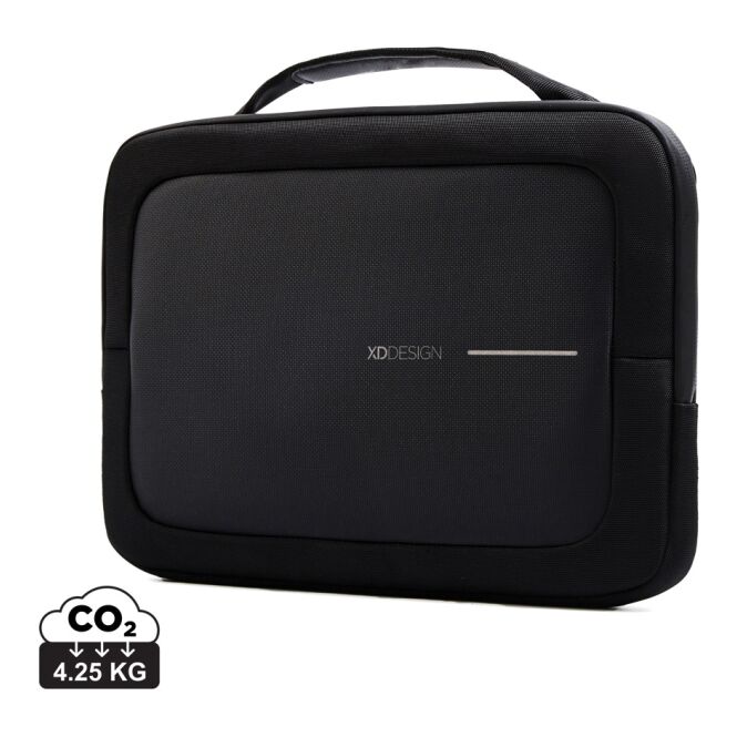 Mitarbeitergeschenk 16 Zoll Laptoptasche mit Logodruck – Schwarz-grau – nachhaltige Businesstasche aus recyceltem Material für den Berufsalltag