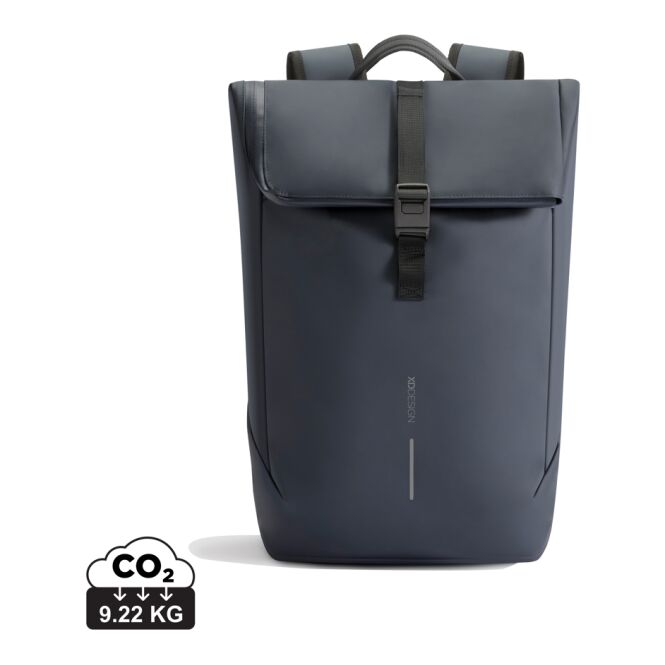 Mitarbeitergeschenk Rucksack Urban – marineblau meliert-schwarz – mit Logo bedruckt für 16 Zoll Laptop nachhaltiger komfortabler Backpack