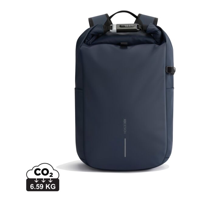 Mitarbeitergeschenk Rucksack Urban – marineblau meliert-schwarz – mit Logodruck, nachhaltiger Backpack für das Onboarding mit 16 Zoll Laptopfach