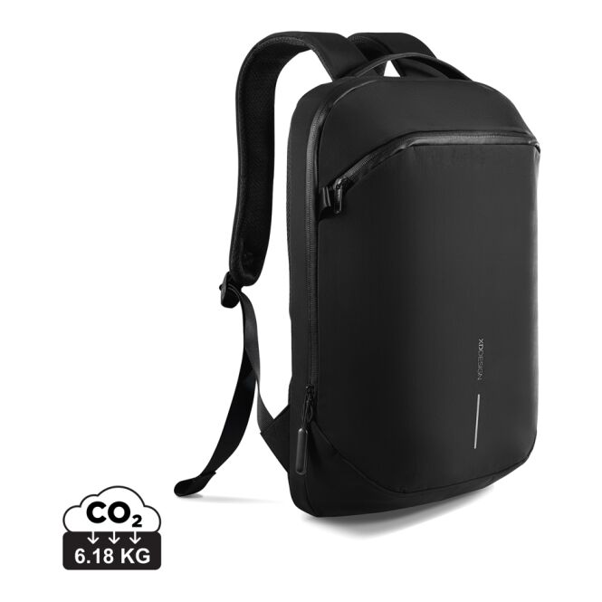 Mitarbeitergeschenk Rucksack XD Design Bobby Air – schwarz-grau – mit Logo bedruckt nachhaltiger Backpack mit Laptopfach für Mitarbeiter