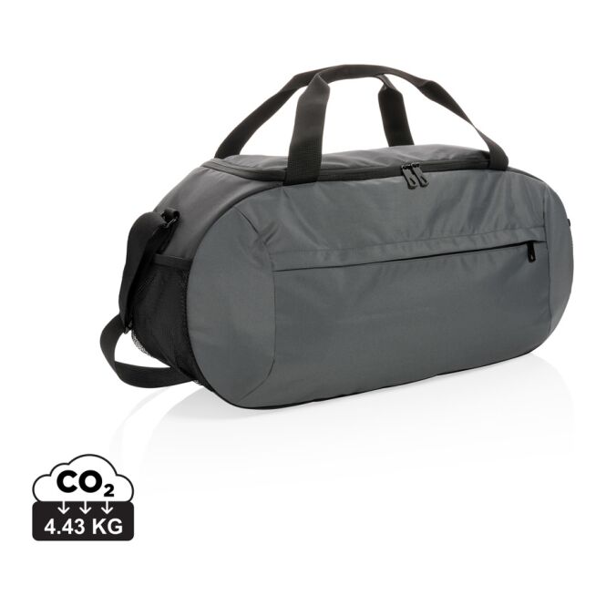 Mitarbeitergeschenk Sporttasche Impact AWARE™ RPET – grau – mit Logodruck, nachhaltige geräumige Reisetasche für das Fitnessstudio & Events