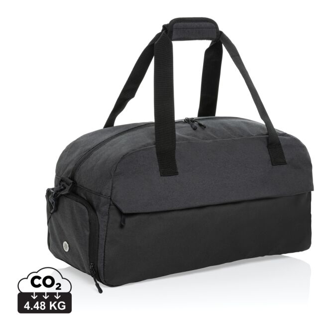 Mitarbeitergeschenk Sporttasche Kazu AWARE RPET – schwarz – mit Logodruck geräumiger nachhaltiger Weekender für Geschäftsreisen