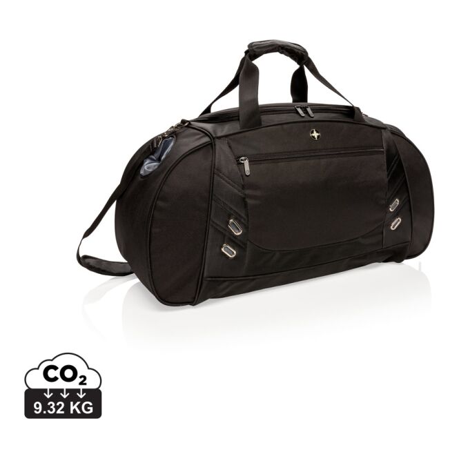 Mitarbeitergeschenk Sporttasche mit Logodruck – mit belüftetem Schuhfach – Schwarz – geräumige Reisetasche für das Fitnessstudio und Business