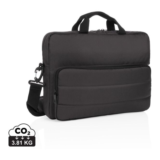 Mitarbeitergeschenk Impact AWARE™ RPET Laptoptasche – schwarz – mit Logo bedruckt für 15,6 Zoll Notebooks nachhaltig für das Homeoffice