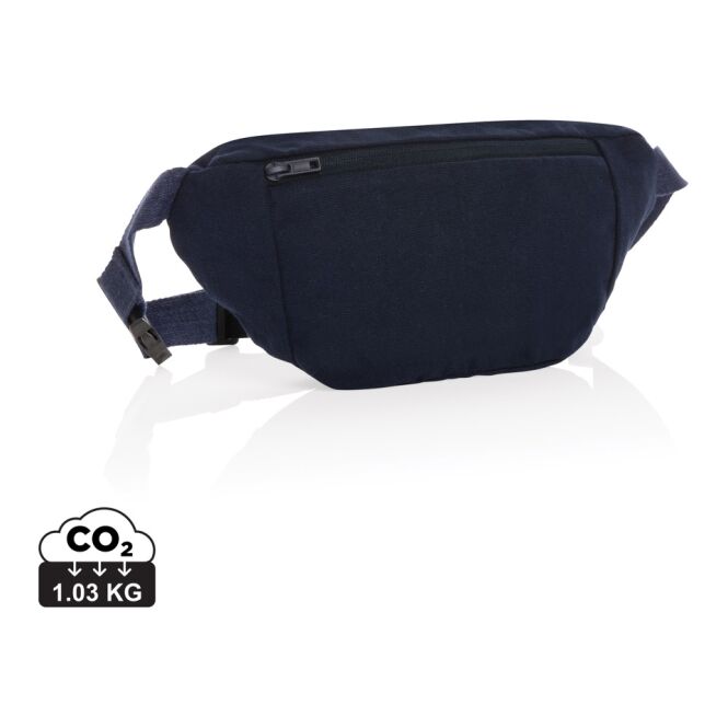 Mitarbeitergeschenk Bauchtasche Impact Aware – marineblau – mit Logodruck nachhaltige Gürteltasche aus recyceltem Canvas für Firmen-Events
