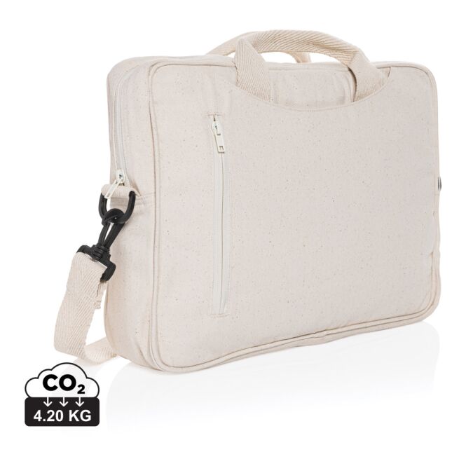 Mitarbeitergeschenk Laluka AWARE™ Laptop-Tasche – weiß – mit Logo bedruckt für 15,4 Zoll Notebooks aus nachhaltiger recycelter Baumwolle