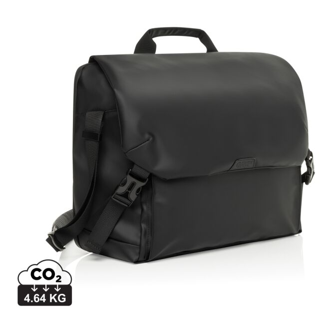 Firmengeschenk OSLO Messenger mit Logodruck – 15,6 Zoll Laptoptasche aus recyceltem Material – Schwarz – moderne Businesstasche für das Büro