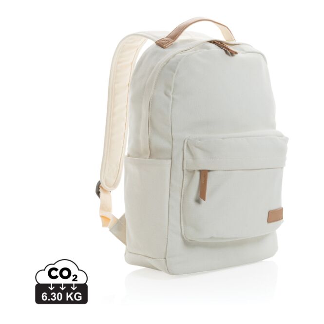 Werbeartikel Impact AWARE rCanvas Rucksack – weiß – mit Logo bedruckt für 15,6 Zoll Notebooks aus recyceltem Material für das Büro