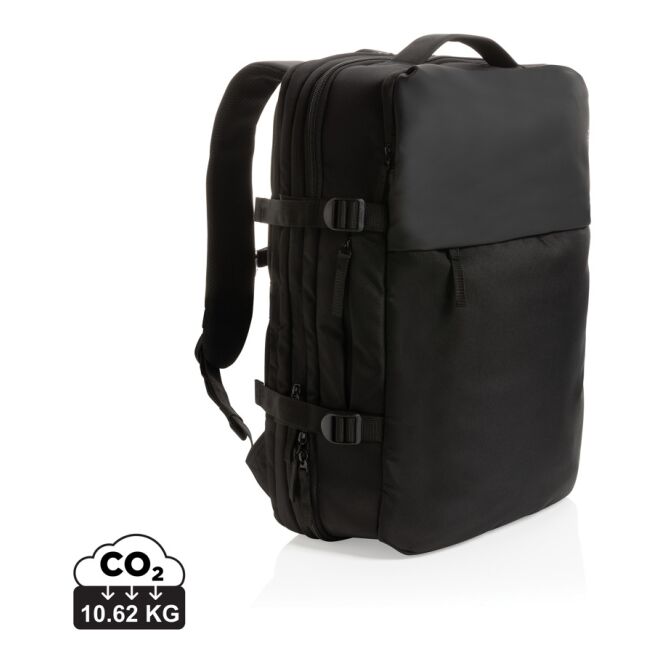 Mitarbeitergeschenk Rucksack Swiss Peak AWARE RPET – schwarz – mit Logo bedruckt 15.6 Zoll komfortabler Backpack für das Mitarbeiter-Onboarding