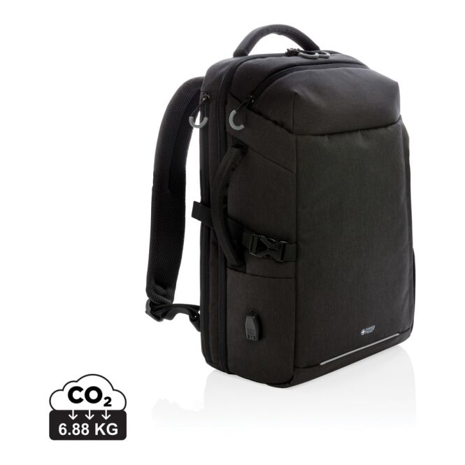 Mitarbeitergeschenk Wochenend-Reiserucksack XXL mit Logodruck – Schwarz – Nachhaltiger Rucksack mit 17-Zoll-Laptopfach für Geschäftsreisen
