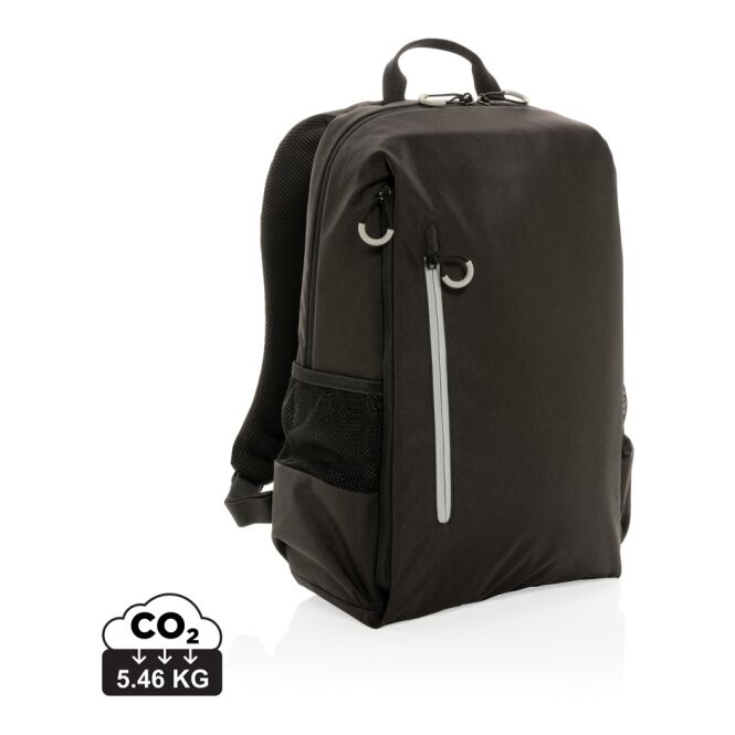 Mitarbeitergeschenk Impact AWARE™ Lima Laptop-Rucksack – schwarz-grau – mit Logo bedruckt für 15,6 Zoll Notebooks nachhaltig für das Homeoffice