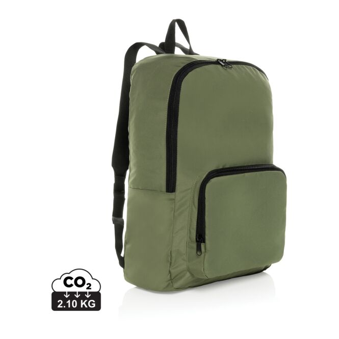 Werbeartikel Dillon AWARE™ Rucksack – grün – mit Logo bedruckt, nachhaltiger Reisebegleiter aus recyceltem Polyester für das Büro