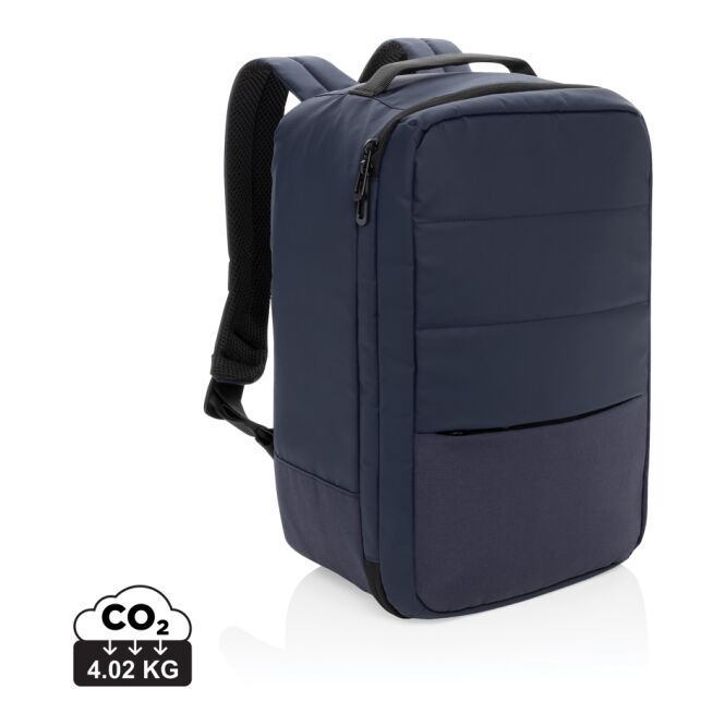 Mitarbeitergeschenk Rucksack Armond Aware – navy blau – mit Logodruck für Geschäftsreisen nachhaltiger Backpack für den Außendienst