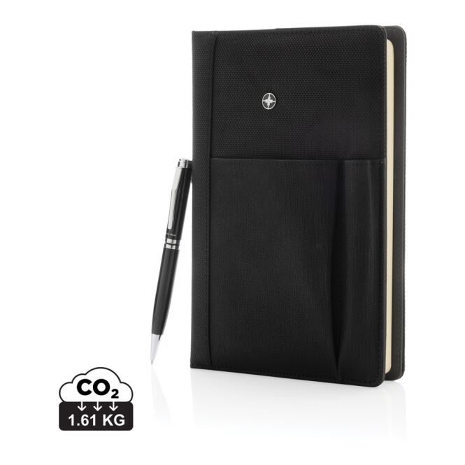 Kundengeschenk Notizbuch mit Stift Swiss Peak – schwarz – mit Logo bedruckt 2-teilig mit Notizbuch & Kugelschreiber für Meetings & Konferenzen
