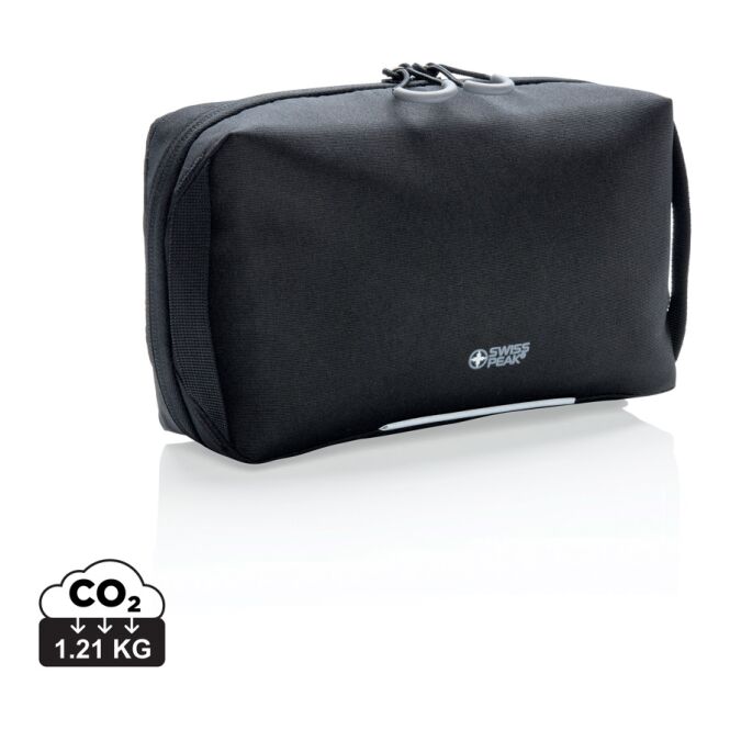 Mitarbeitergeschenk Swiss Peak AWARE Tech-Pouch – schwarz – mit Logo bedruckt nachhaltig für das Homeoffice und die Büroausstattung