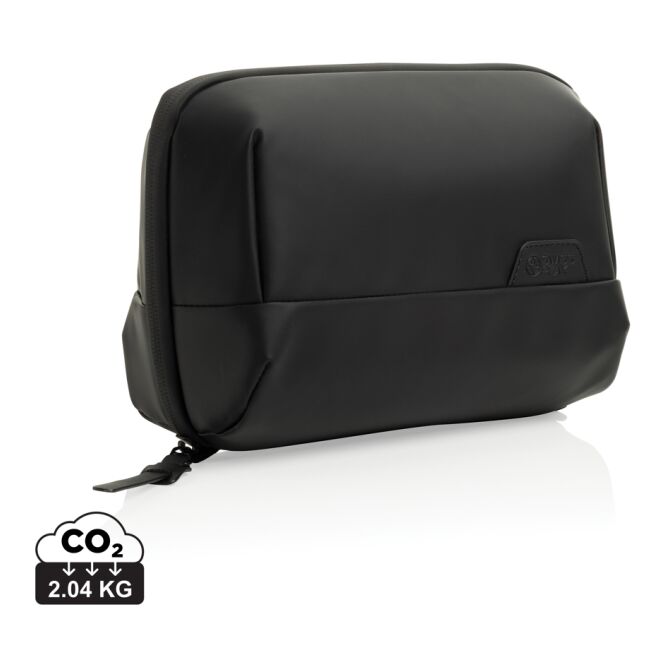 Kundengeschenk faltbare Kulturtasche OSLO mit Logodruck – Schwarz – recycelte Reiseaccessoires für den Business-Alltag