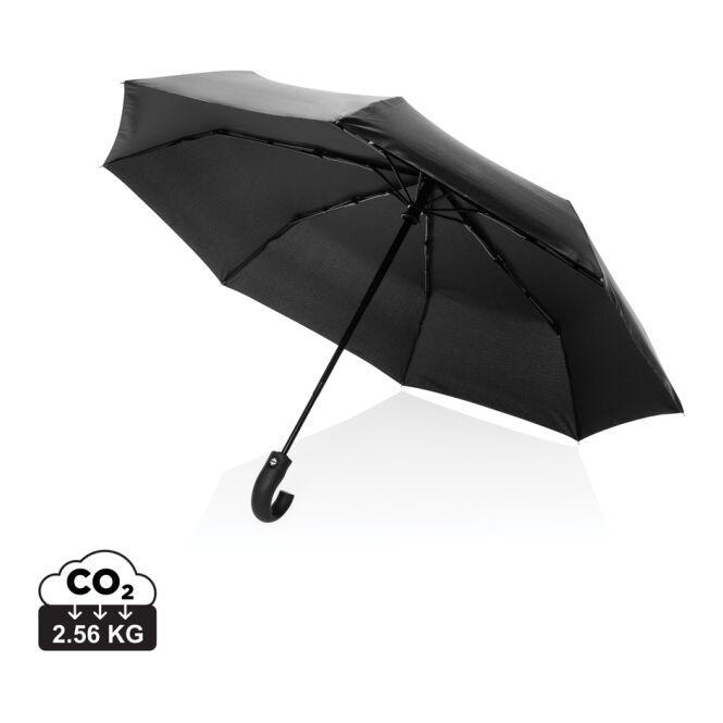 Firmengeschenk Automatikschirm KENTO URBAN – schwarz – mit individuellem Logodruck nachhaltiger Öko-Regenschirm 21 Zoll als Messe-Giveaway