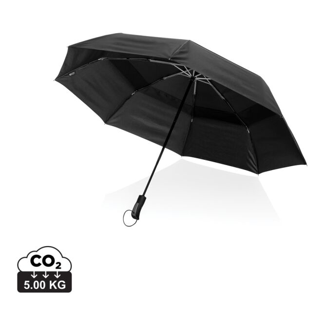 Firmengeschenk Swiss Peak Aware Tornado Taschenschirm mit Logodruck – Schwarz – sturmfester Regenschirm für Business und Büro