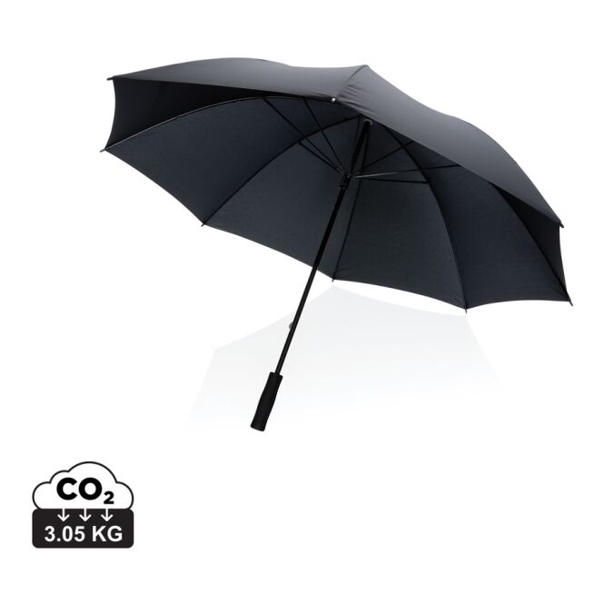 Kundengeschenk Stockschirm Impact AWARE – schwarz – mit individuellem Logodruck sturmfest mit Fiberglasrahmen Ø 76 cm für Business-Partner