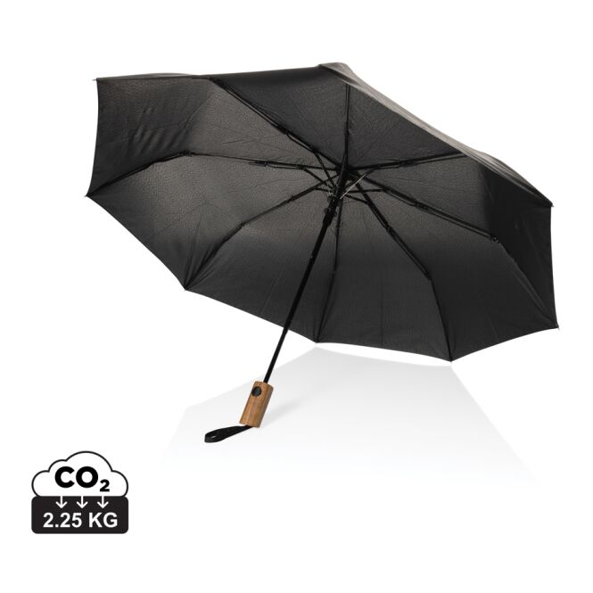 Streuartikel Taschenschirm Kaycey – schwarz – mit individuellem Logodruck nachhaltiger Öko-Regenschirm mit Öffnungs-Automatik 53 cm