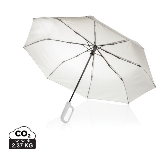 Firmengeschenk Taschenschirm Yara rPET – grau – mit individuellem Logodruck sturmfest mit windproof-System 21“ für Messe-Events
