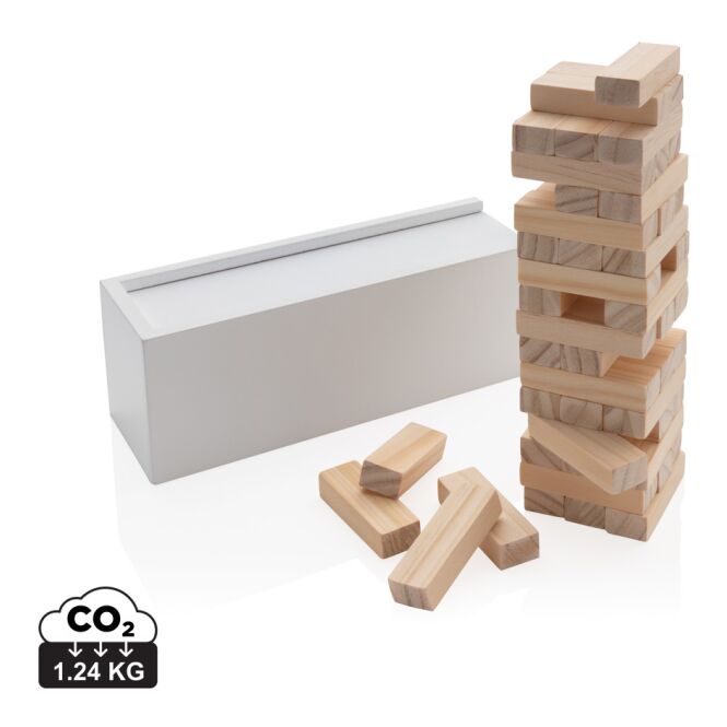 Firmengeschenk Deluxe Holz-Stapelturm mit Gravur – Weiß – Geschicklichkeitsspiel aus FSC-Holz für Events und Büro