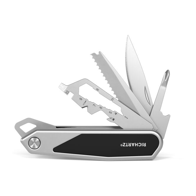 Premium-Werbegeschenk Proknife 15+ mit Lasergravur – Silber – multifunktionales Taschenmesser aus Edelstahl für Firmenkunden