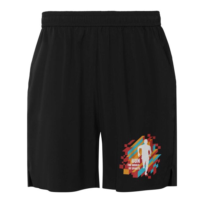 Werbeartikel Murray Sportshorts 2XL mit Express-Logodruck – Schwarz – recycelte Funktionshose für Mitarbeiter und Events