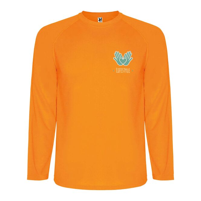 Teamkleidung Montecarlo Langarm Sport-Shirt – fluor orange – mit Logo bedruckt 48h Express-Druck atmungsaktiv Gr. M