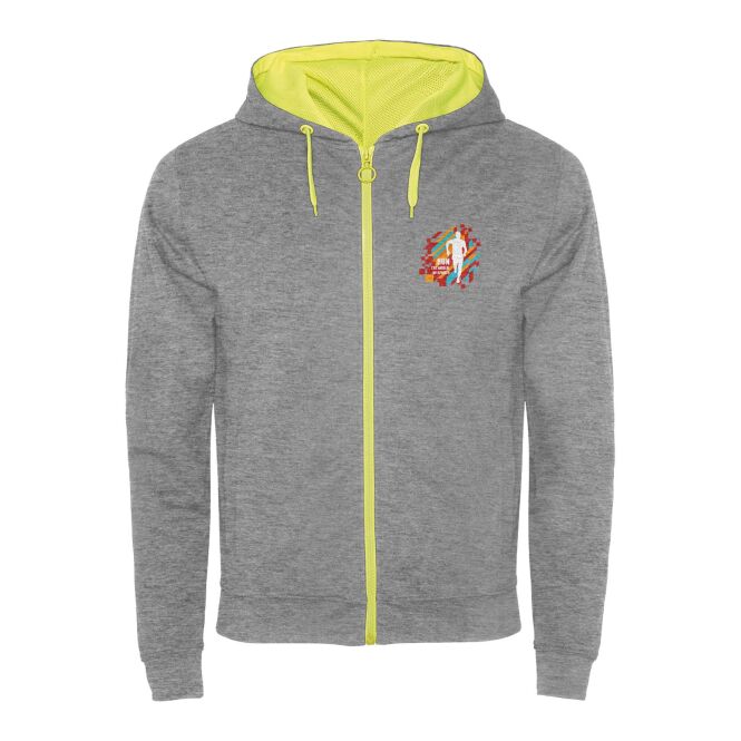 Arbeitskleidung Fuji Hoodie Unisex – heather grau-fluor yellow – mit hochwertigem Stick 48h Express-Druck Gr. XL