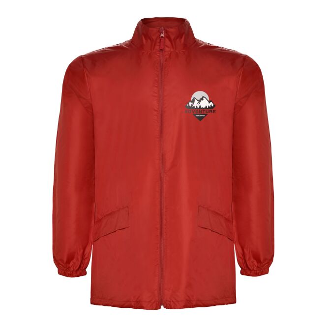 Werbeartikel Leichte Regenjacke Escocia – rot – mit Logo bedruckt 48h Express-Druck Gr. M