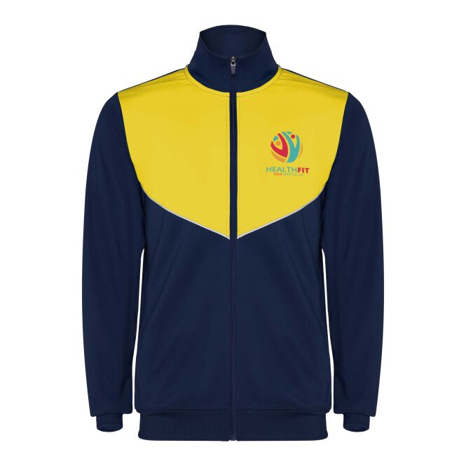 Teamkleidung Evans Trainingsanzug – navy blue-gelb – mit Logo bedruckt 48h Express-Druck Unisex Gr. L